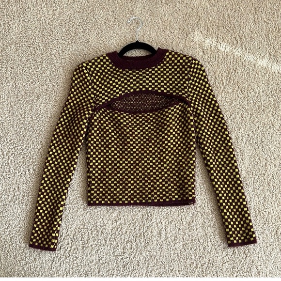 Zara Sweaters - Zara Burgundy and Yellow checkerboard Knit Sweater